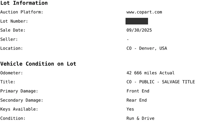 An auction record showing lot information and a salvage title